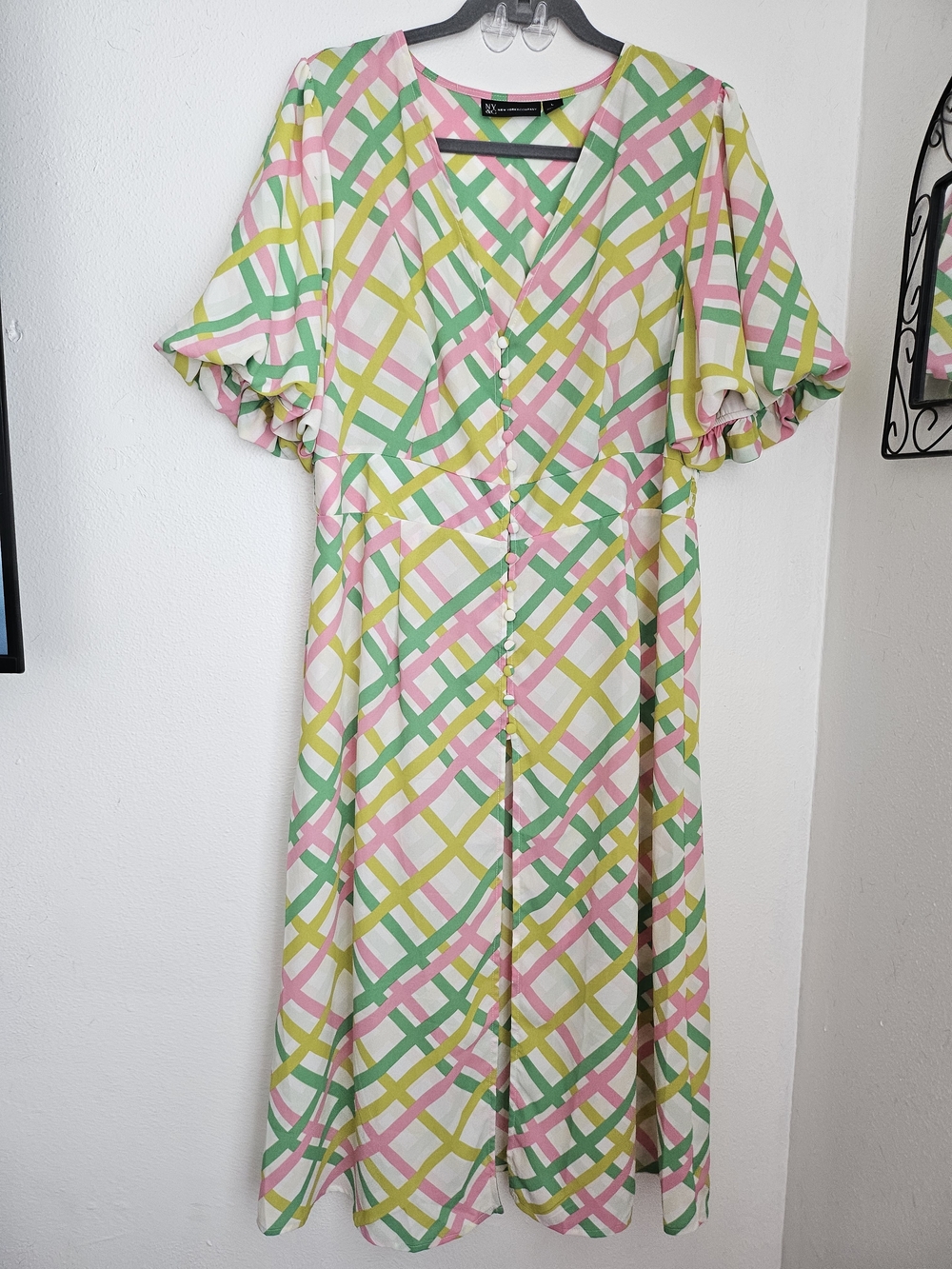 New York & Company Pastel Pink and Green Plaid Dress